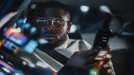 Stylish Black Man in Glasses is Commuting Home in a Backseat of a Taxi at Night. Handsome Male Using Smartphone and Looking Out of Window while in a Car in Urban City Street with Working Neon Signs.の写真素材