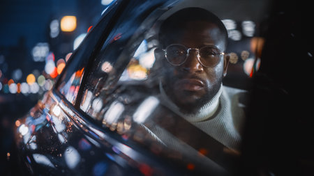Stylish Black Man in Glasses is Commuting Home in a Backseat of a Taxi on a Rainy Night. Handsome Male Passenger Looking Out of Window while in a Car in Urban City Street with Working Neon Signs.の写真素材