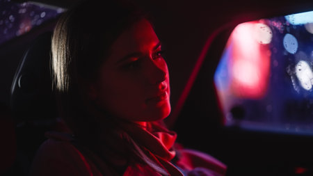 Close Up Portrait of a Female Commuting Home in a Backseat of a Taxi at Night. Beautiful Woman Passenger Looking Out of Window while in a Car in City Street with Working Neon Signs.の写真素材
