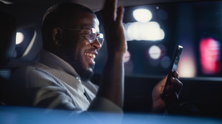 Stylish Black Man in Glasses is Commuting Home in a Backseat of a Taxi at Night. Handsome Male Making a Video Call on a Smartphone while in Transfer Car on City Street with Working Neon Signs.の写真素材