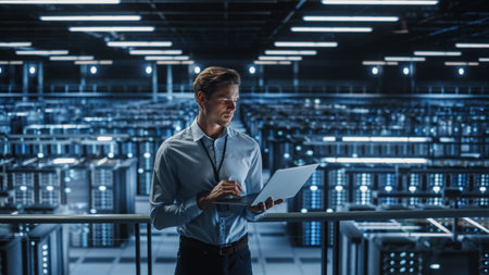 Portrait of IT Specialist Uses Laptop in Data Center. Server Farm Cloud Computing Facility with Male...