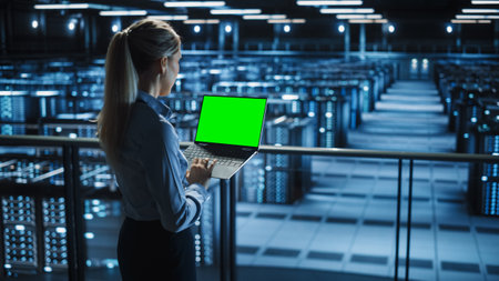 Female It Specialist Using Chroma Key Laptop in Data Center. Big Server Farm Cloud Computing Facility with Maintenance Engineer Working with Green Screen Computer.の写真素材