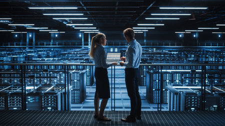 Data Center Male It Specialist and Female System administrator Talk, Use Laptop. Server Farm Cloud Computing Facility with Two Information Technology Professionals working on Cyber Secury.の写真素材