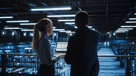 Data Center Male It Specialist and Female e-Business Fintech Startup Manager Talk, Use Laptop. Cloud...