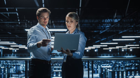 Data Center Female e-Business Enrepreneur and Male IT Specialist talk, Use Laptop. Two Information...