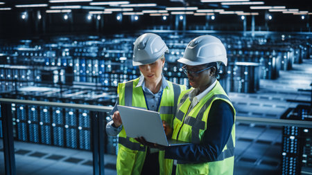 Data Center IT Specialist and System administrator Talk, Use Laptop Computer, Wearing Safety West. Server Cloud Farm Facility with Two Female Information Technology Engineers Doing Maintenance.の写真素材