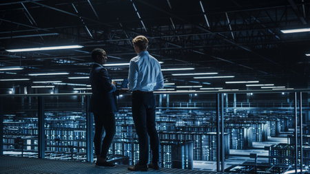 Data Center Male IT Specialist and Female e-Business Enrepreneur Talk, Use Laptop. Two Information Technology Professionals on Bridge Overlooking Cloud Computing Server Farm.の写真素材