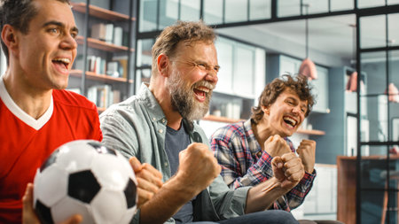 At Home Three Joyful Soccer Fans Sitting on a Couch Watch Game on TV, Celebrate Victory when Sports Team Wins Championship. Group of Friends Cheer When Favourite Football Club Play.の写真素材