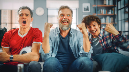 At Home Three Joyful Soccer Fans Sitting on a Couch Watch Game on TV, Celebrate Victory when Sports...