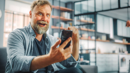 Charismatic Bearded Man Sitting on a Couch Watches Game on TV, uses Smartphone App for Score, Online...