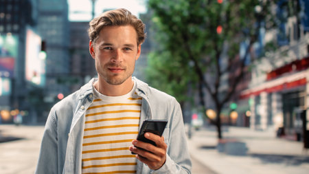 Portrait of a Handsome Young Man Wearing Casual Clothes and Using Smartphone on the Urban Street....