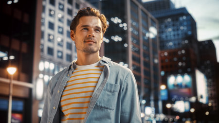 Portrait of a Happy Handsome Young Man in Casual Clothes Standing on the Street at Sunset. Stylish Male Model in Big City Living the Urban Lifestyle. Background with Office Buildings and Billboards.の写真素材