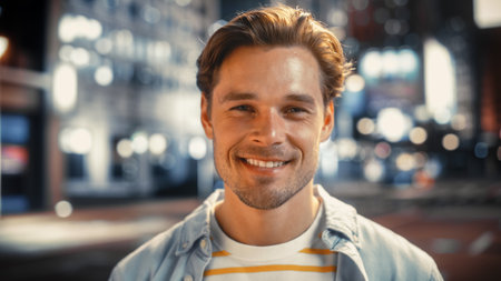 Portrait of a Happy Handsome Young Man in Casual Clothes Standing on the Street at Sunset. Stylish Male Model in Big City Living the Urban Lifestyle. Background with Office Buildings and Billboards.の写真素材
