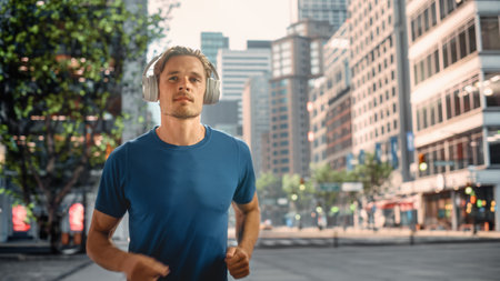 Handsome Young Man is Jogging on a Street of a Big City Center. Male is Running in Blue T-Shirt, Wearing Wireless Headphones with His Favourite Music Playing. Urban Training Workout in the Morning.の写真素材