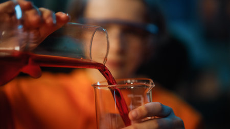 Smart Young Boy in Safety Goggles Mixes Chemicals in Beakers at Home. Teenager Conducting Educational Science Hobby Experiments, Doing Interesting Biology Homework in His Room. Close Up Rack Focus.の写真素材