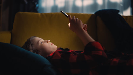 Cute Young Boy Lying on a Sofa in a Dark Cozy Room and Using a Smartphone at Home. Happy Teenager Browsing Content Online, Chatting with Friends on Social Media, Reading Articles on Internet.の写真素材