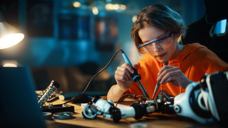 Smart Young Teenage Schoolboy is Studying Electronics and Soldering Wires and Circuit Boards in His Science Hobby Robotics Project. Kid is Working on a Robot in His Room. Education Concept.の写真素材