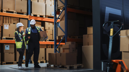 Outside of Logistics Distributions Warehouse: Inventory Manager Using Tablet Computer, talking to Worker with Cardboard Box Walking out of Warehouse. Online Orders, E-Commerce.の写真素材