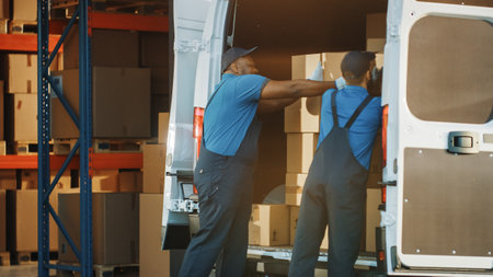 Outside of Logistics Distributions Warehouse: Workers Talk, Joke use Hand Pallet Truck Start Loading...