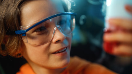 Smart Young Boy in Safety Goggles Mixes Chemicals in Beakers at Home. Teenager Conducting...