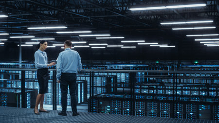 Data Center Female System Administrator and Male IT Specialist Talk, Use Laptop Computer....