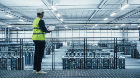 Data Center Engineer in High Visibility Vest Using Laptop Computer. Server Farm Cloud Computing...