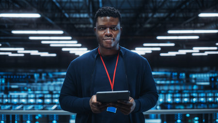 Portrait of a Data Center Engineer Using Laptop Computer. Server Room Specialist Facility with Black...