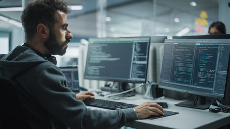 Diverse Office: IT Programmer Working on Desktop Computer. Male Specialist Creating Innovative Software Engineer Developing App, Program, Video Game. Terminal with Coding Language. Over Shoulderの写真素材