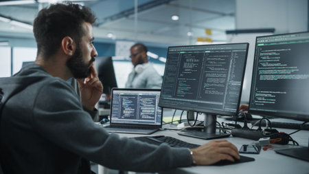 Diverse Office: Enthusiastic White IT Programmer Working on Desktop Computer. Male Specialist...