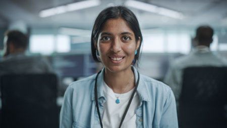 Portrait of Beautiful Smiling Indian Woman. Amazingly Authentic Girl, IT Customer Support Specialist, Business Entrepreneur Talking Candidly with a Client. POV of Online Video Conference Callの写真素材