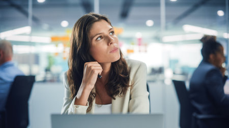Young Serious Female Manager Using Computer in Modern Office. Overworked Tired Employee Dealing with...