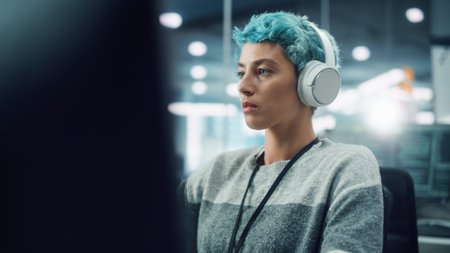 In Diverse Office: Portrait of Young Stylish Woman Working on Desktop Computer. Focused Motivated Girl Creating Modern Content, Colorful Project Design. Uses Headphones to Listen to Podcast, Musicの写真素材