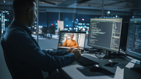 Remote Teamwork In Office at Night: Project Manager Talks with Creative Solutions Specialist Via...