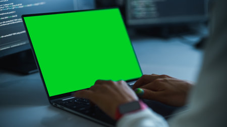 Close-up Focus on Person's Hands Typing on the Green Screen Chroma key Laptop Computer Keyboard. Software Engineer Create Innovative e-Commerce App. Program Developmentの写真素材