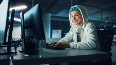 Late at Night in Office: Portrait of Young Stylish Freelancer Woman Working on Desktop Computer....