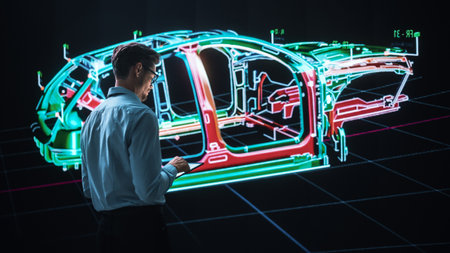 Innovative Green Energy Startup: Engineer Designing Electric Car Using Tablet Computer and Big Wall Screen to Analyse Prototype. Concept for Sustainable Environmnetally Friendly Carbon Neutral Vehicleの写真素材