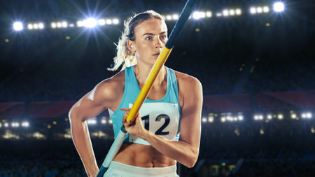 Pole Vault Jumping: Portrait of Professional Female Athlete on World Championship Running with Pole...