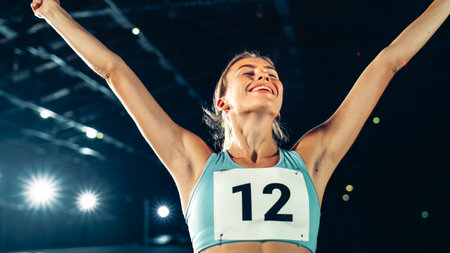Portrait of Professional Female Athlete on Stadium Happily Celebrating World Record with Raised Arms...