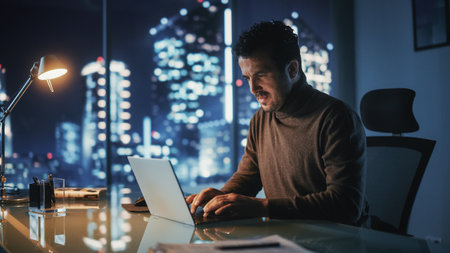 Portrait of Thoughtful Successful Businessman Working on Laptop Computer in His Big City Office at...