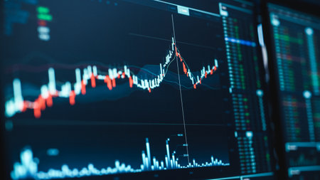 Close Up Shot of a Computer Monitor Screen with Real-Time Stocks, Commodities and Exchange Market...