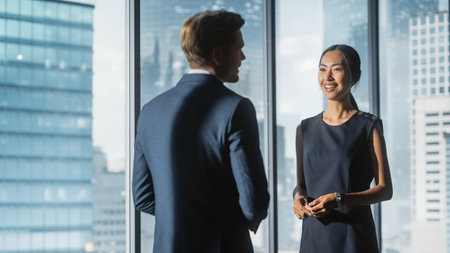 Female and Male Business Partners Meet in Office, Talking. Corporate CEO and Finance Manager Have...