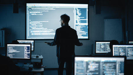 Teacher Giving Computer Science Lecture to Diverse Multiethnic Group of Female and Male Students in...