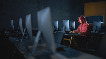 Concentrated Male Student Sitting Alone in College Informatics Room, Working Late Evenings on...