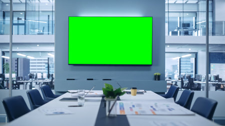 Modern Empty Meeting Room with Big Conference Table with Various Documents and Laptops on it, on the Wall Big TV with Green Chroma Key Screen. Contemporary Minimalistic Designed Workplace.の写真素材