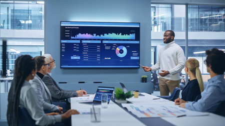 Office Conference Room Meeting Presentation: Black Businessman Talks, Uses TV Screen to Show Company...