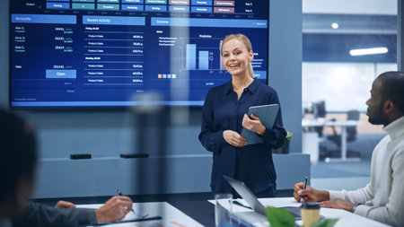 Diverse Modern Office: Portrait of Successful Caucasian Businesswoman Uses TV Screen with Big Data,...