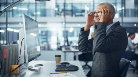 Senior White Male Corporate Office Worker Works on Computer, Feels Sudden Pain, Headache, Migraine. Accountant Feeling Project Pressure, Stress, Massages Her Head, Templesの写真素材