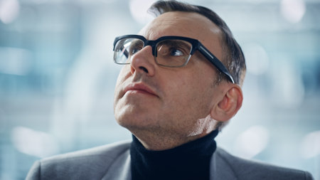 Portrait of Successful Middle Aged Caucasian Man Wearing Stylish Glasses Looking Up in Wonder. Smart...