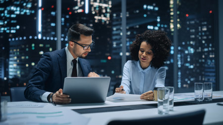 Businesspeople in Modern Office: Business Meeting of Two Managers. CEO and Operations Director Talk,...