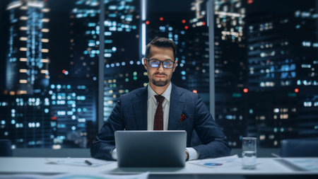 Portrait of a Successful Handsome Businessman Working on Laptop Computer in Big City Office Late in...